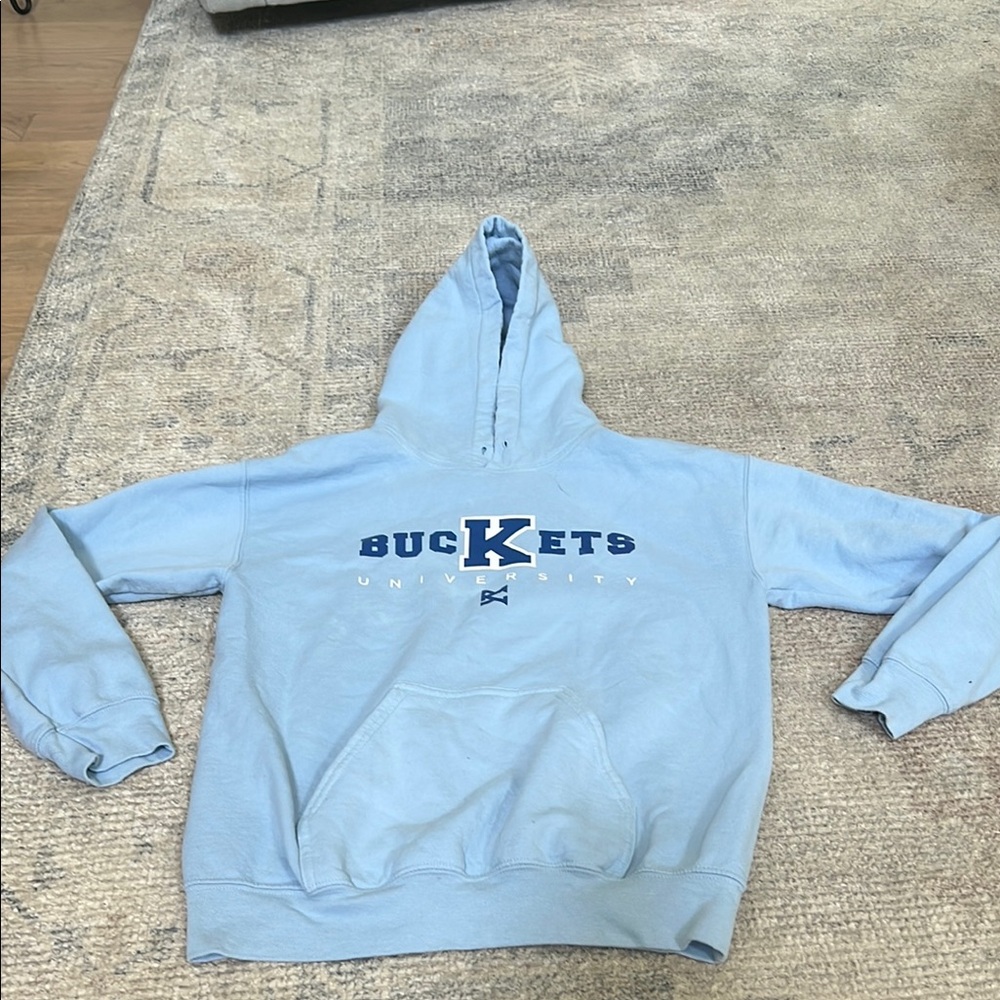 Blue Pullover Sweater with Bold Front Design